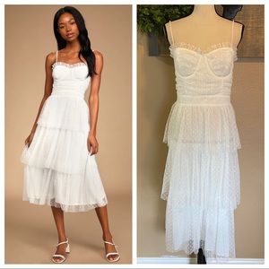 Lulus Sweetheart Style White Polka Dot Bustier Tiered Midi Dress
